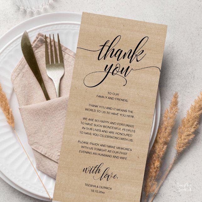 Tarjeta de agradecimiento a la recepción de bodas  (Modern Rustic Wedding Reception Dinner Lunch Brunch Thank You Card Brown Village Wood )