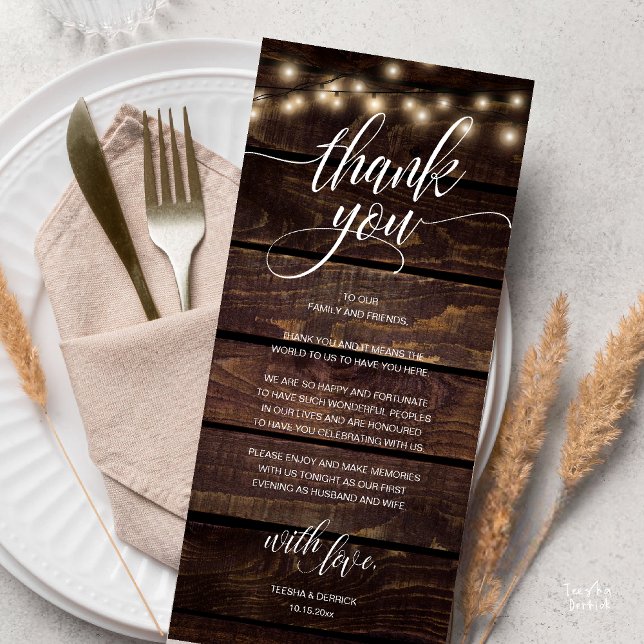 Tarjeta de agradecimiento a la recepción de bodas  (Modern Rustic Wedding Reception Dinner Lunch Brunch Thank You Card String Lights Dark Wood)