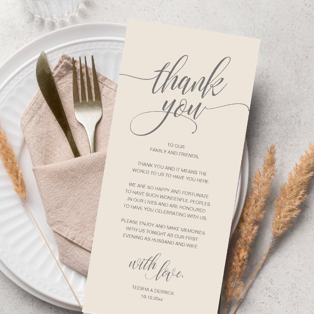 Tarjeta de agradecimiento a la recepción moderna d (Modern Romantic Wedding Reception Dinner Thank You Card in Cream Grey)