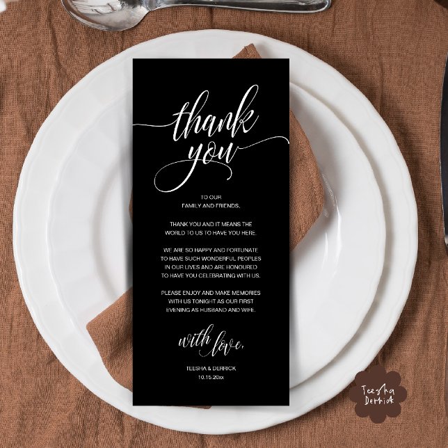 Tarjeta de agradecimiento a la recepción moderna d (Modern Romantic Wedding Reception Dinner Thank You Card in Black White)