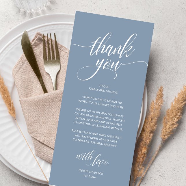 Tarjeta de agradecimiento a la recepción moderna d (Modern Romantic Wedding Reception Dinner Thank You Card in Dusty Blue)