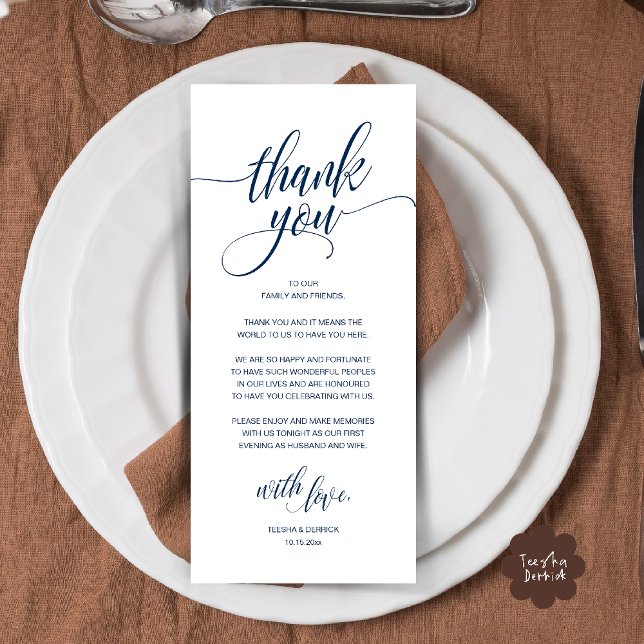 Tarjeta de agradecimiento a la recepción moderna d (Modern Romantic Wedding Reception Dinner Thank You Card in Navy Blue)