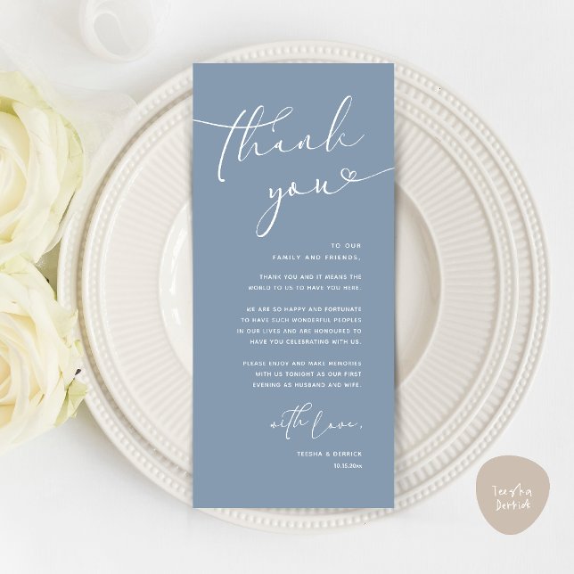 Tarjeta de agradecimiento a la recepción romántica (Modern Romantic Wedding Reception Dinner Thank You Card in Dusty Blue)
