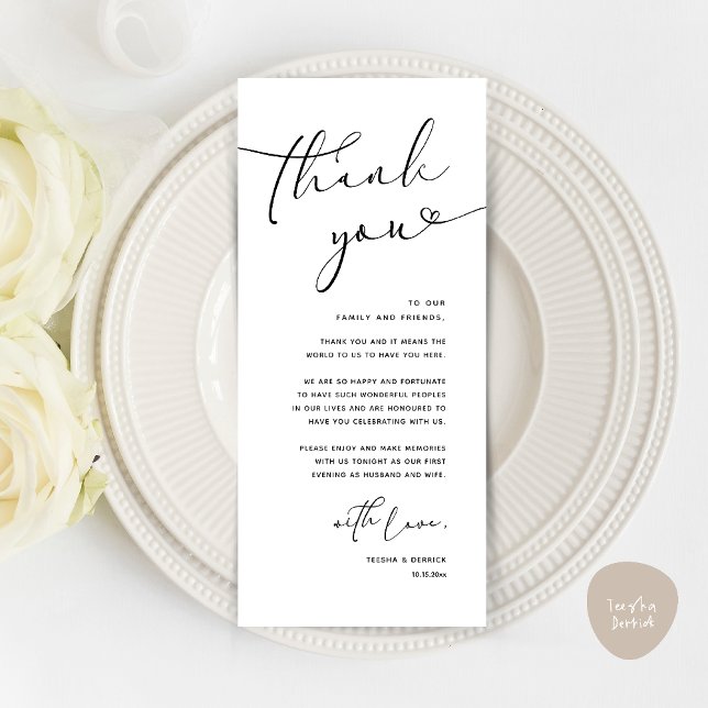 Tarjeta de agradecimiento a la recepción romántica (Modern Romantic Wedding Reception Dinner Thank You Card in Black and White)