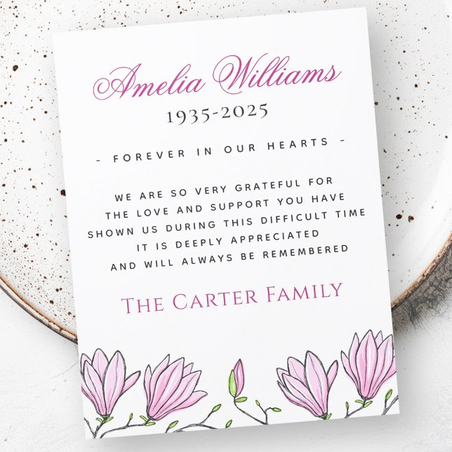 Tarjeta de agradecimiento a la simpatía funeraria  (Pink magnolia flow funeral sympathy thank you card)