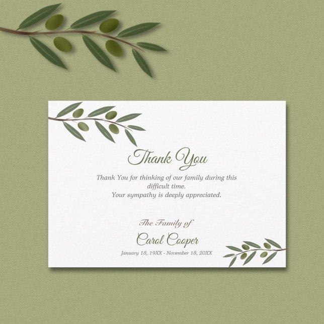 Tarjeta de agradecimiento a la Subdivisión Olive d (Watercolor Olive Branch Funeral Thank You Card)