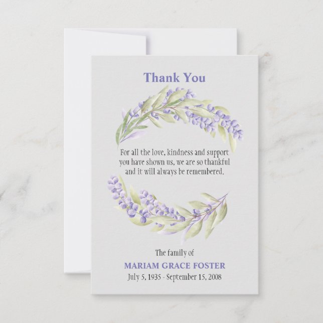 Tarjeta de agradecimiento a Lavender Fiels Bereave (Anverso)