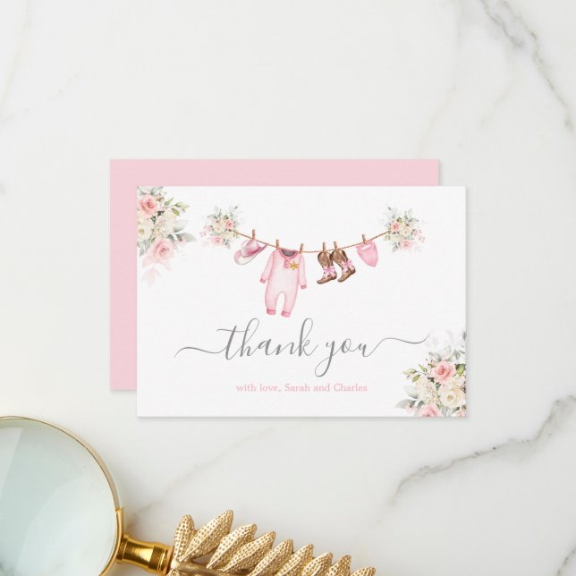 Tarjeta De Agradecimiento A little Cowgirl Baby Shower Pink Thank You Card (Anverso/Reverso In Situ)