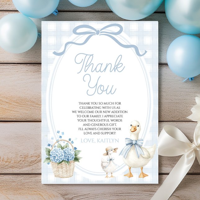 Tarjeta De Agradecimiento A Little Silly Goose Blue Bow Floral Baby Shower (Subido por el creador)