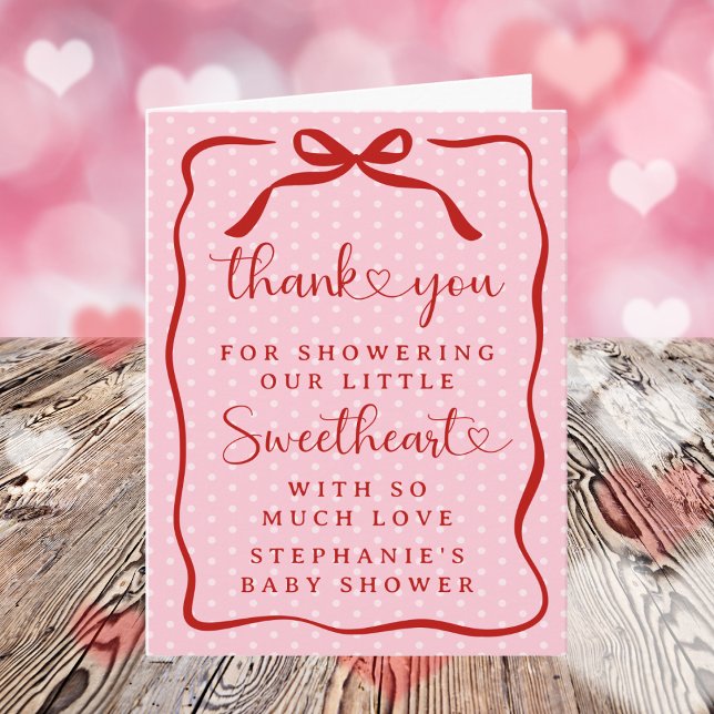 Tarjeta De Agradecimiento A Little Sweetheart Pink Red Bow Girl Baby Shower (Subido por el creador)