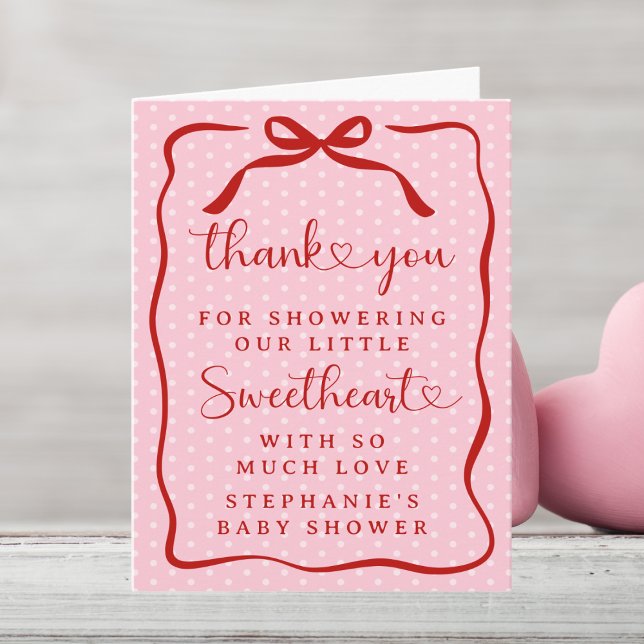 Tarjeta De Agradecimiento A Little Sweetheart Pink Red Bow Girl Baby Shower (Subido por el creador)