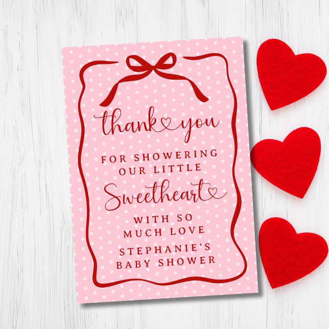 Tarjeta De Agradecimiento A Little Sweetheart Pink Red Bow Girl Baby Shower (Subido por el creador)