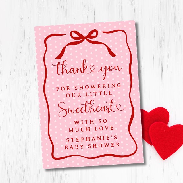 Tarjeta De Agradecimiento A Little Sweetheart Pink Red Bow Girl Baby Shower (Subido por el creador)