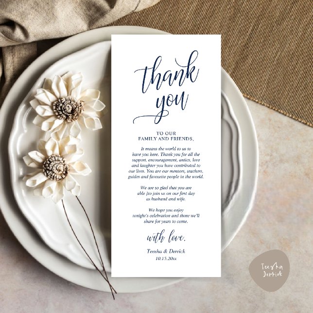 Tarjeta de agradecimiento a los Bodas de clase mod (Modern Classy Wedding Dinner Thank You Card Reception brunch lunch in Navy Blue)