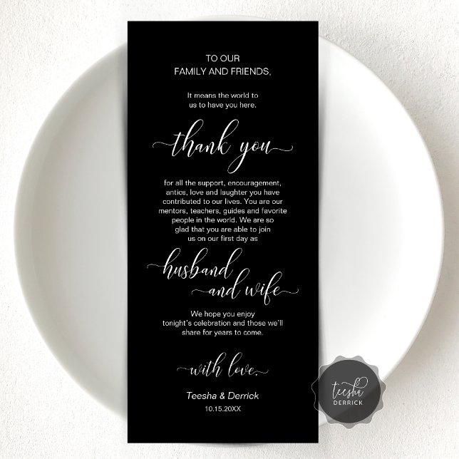 Tarjeta de agradecimiento a los Bodas de clase mod (Wedding Dinner or Elopement Brunch Place Setting Thank You Card, In Modern Classy Black and white)