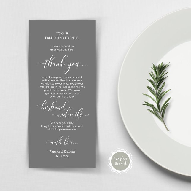 Tarjeta de agradecimiento a los Bodas de clase mod (Wedding Dinner Place Setting Thank You Card, Plate Decor, Modern Classy, in Dark Grey)