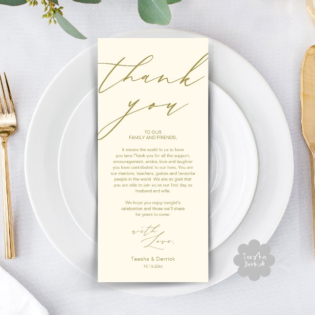 Tarjeta de agradecimiento a los Bodas de la cena (Modern Wedding Rehearsal Dinner Thank You Card in Yellow Gold)