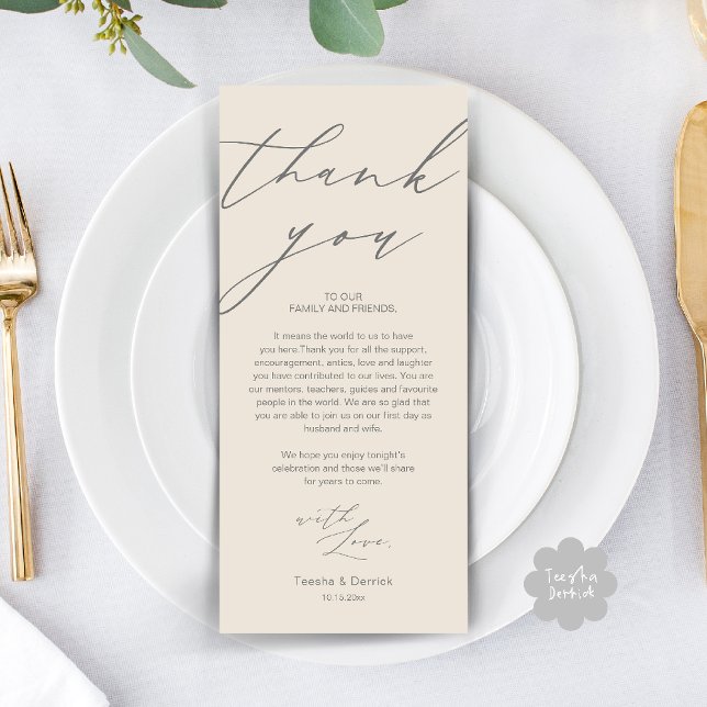 Tarjeta de agradecimiento a los Bodas de la cena (Modern Wedding Rehearsal Dinner Thank You Card in Cream Grey)