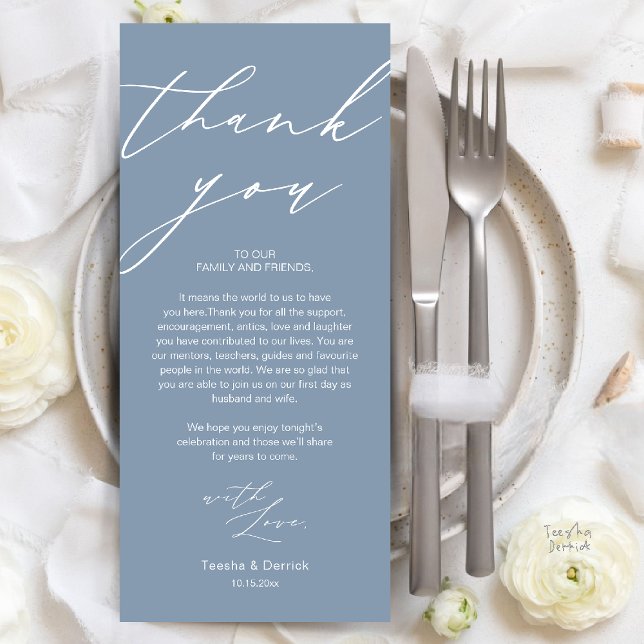Tarjeta de agradecimiento a los Bodas de la cena (Modern Wedding Rehearsal Dinner Thank You Card in Dusty Blue)