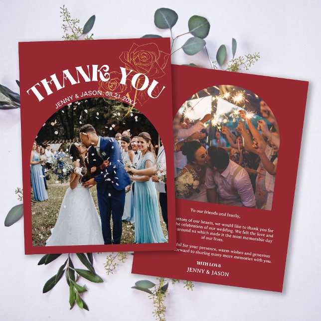 Tarjeta de agradecimiento a los Bodas rojos Retro  (Trendy Retro Arch Red Wedding Photo Thank You Card)