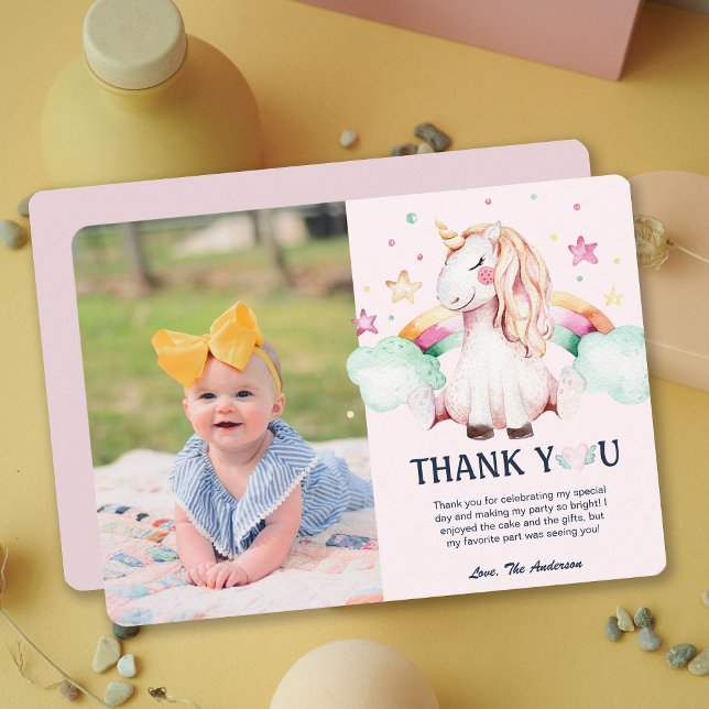 Tarjeta de agradecimiento a los Chicas de unicorni (Custom Photo Unicorn Girl Birthday ThankYou Card)