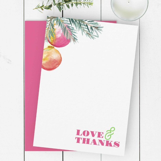 Tarjeta de agradecimiento a los Navidades verdes y (Christmas thank you cards unique watercolor pink baubles with pine boughs)