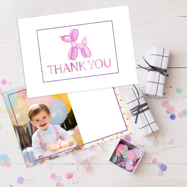 Tarjeta de agradecimiento a los niños de perro con (purple glitter watercolor balloon animal thank you card)