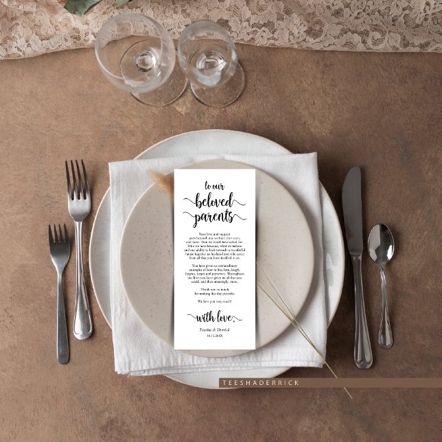 Tarjeta de agradecimiento a los rusos modernos, ne (Wedding Dinner Place Setting Thank You Card, for Our Beloved Parents, in Modern Rustic themed)
