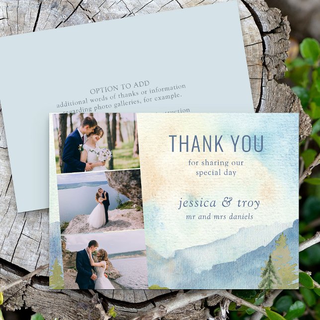 Tarjeta de agradecimiento a Mountain Lake Boda Pho (Mountain wedding 3 photo thank you card with watercolor scenic background)