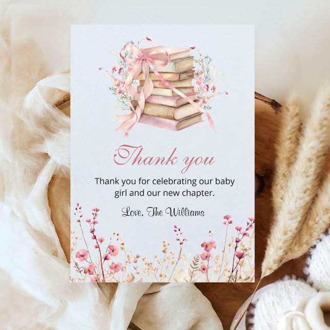 Tarjeta De Agradecimiento A New Chapter Begins Coquette Books Baby Shower (A new chapter begins Pink Coquette bow baby shower Thank you card)
