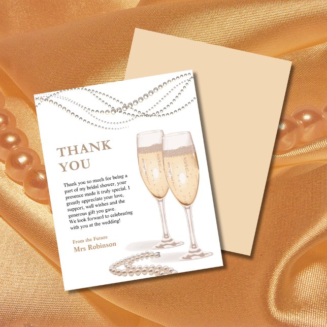 Tarjeta de agradecimiento a Pearls & Prosecco Brid (Pearls & Prosecco Bridal Shower Thank You Card )