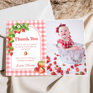 Tarjeta de agradecimiento a Pink Gingham Strawberr
