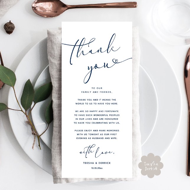 Tarjeta de agradecimiento a Romantic Boda Place (Romantic Wedding Dinner Lunch Brunch Party Place Setting Thank You Card Navy Blue)