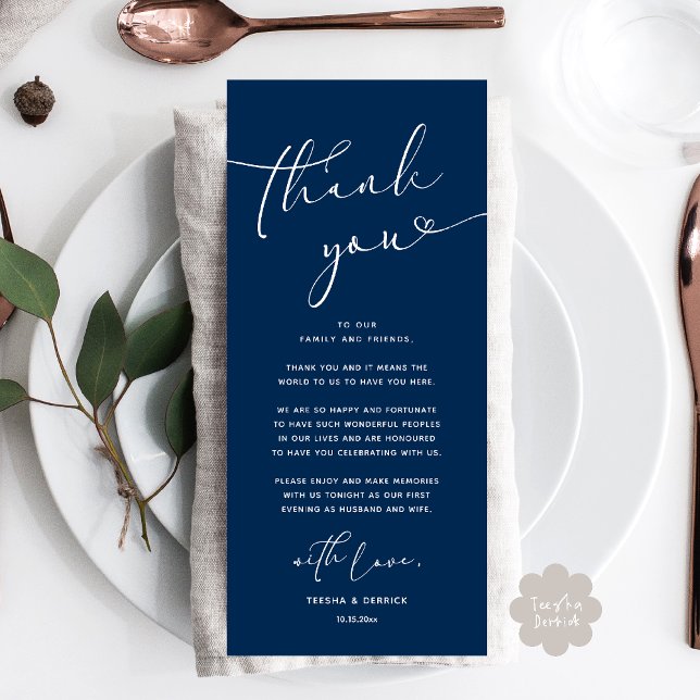 Tarjeta de agradecimiento a Romantic Boda Place (Romantic Wedding Dinner Lunch Brunch Party Place Setting Thank You Card Navy Blue)