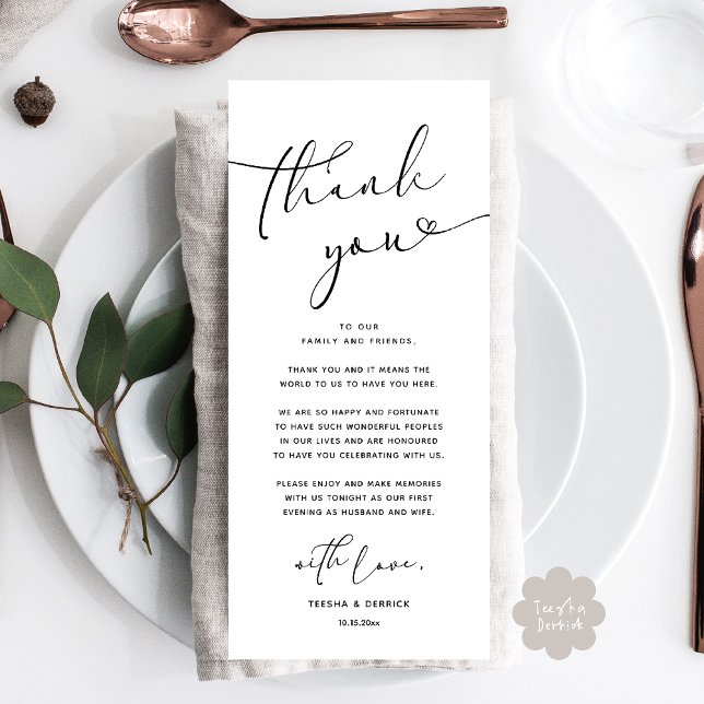 Tarjeta de agradecimiento a Romantic Boda Place (Romantic Wedding Dinner Lunch Brunch Party Place Setting Thank You Card black white)