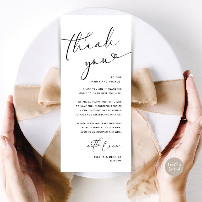 Tarjeta de agradecimiento a Romantic Boda Place (Romantic Wedding Dinner Lunch Brunch Party Place Setting Thank You Card black white)