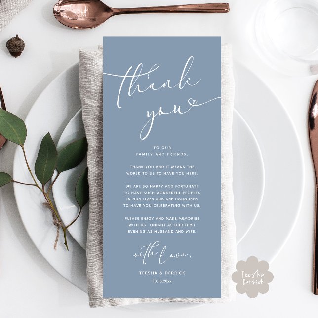 Tarjeta de agradecimiento a Romantic Boda Place (Romantic Wedding Dinner Lunch Brunch Party Place Setting Thank You Card Dusty Blue)