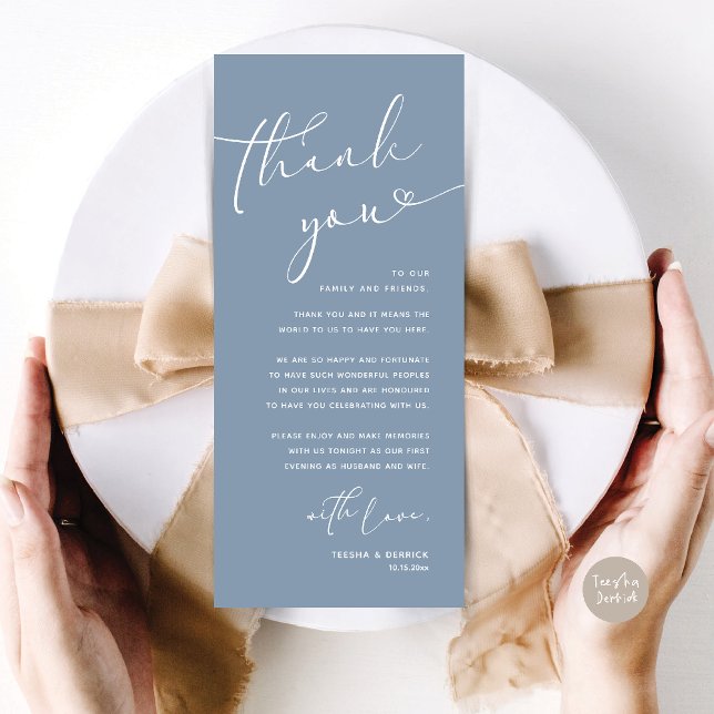 Tarjeta de agradecimiento a Romantic Boda Place (Romantic Wedding Dinner Lunch Brunch Party Place Setting Thank You Card Dusty Blue)