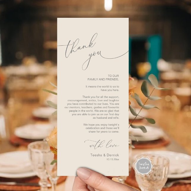 Tarjeta de agradecimiento a Romantic Boda Place (Romantic Wedding Dinner Place Setting Thank You Card, Plate Decor, in Dark Grey Cream)