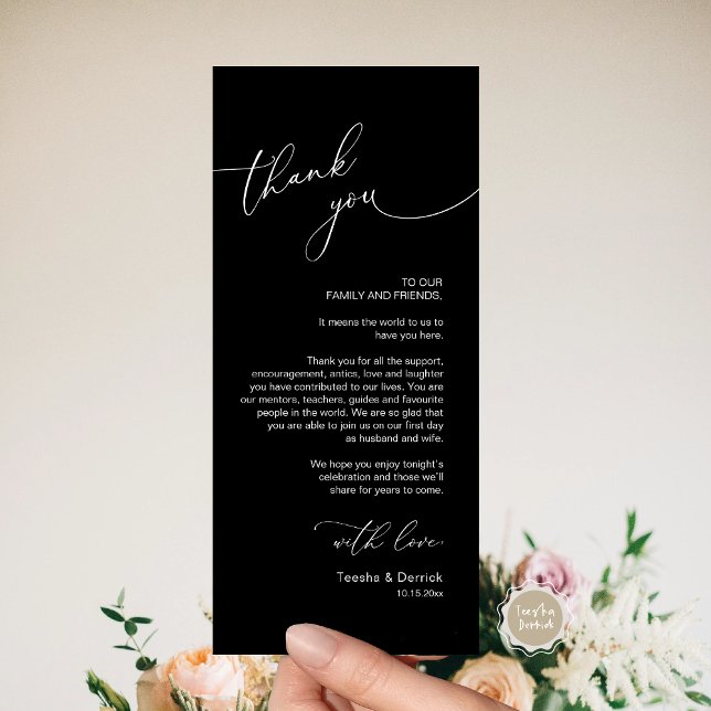 Tarjeta de agradecimiento a Romantic Boda Place (Romantic Wedding Dinner Place Setting Thank You Card, Plate Decor, in Classy Black)