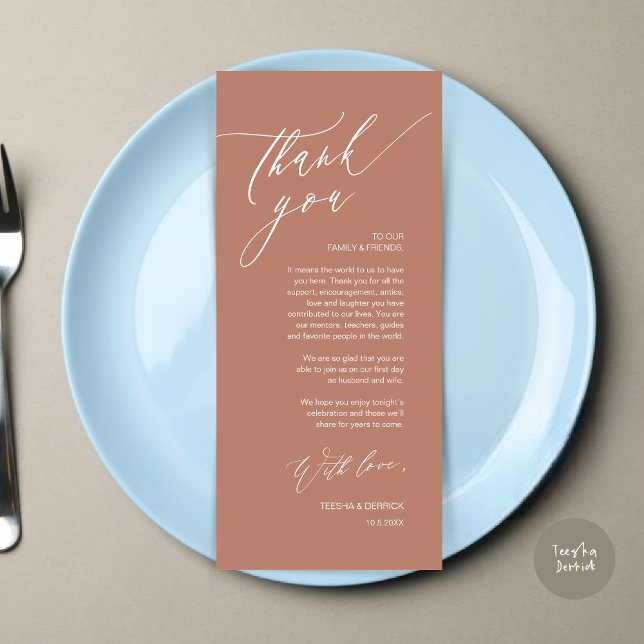 Tarjeta de agradecimiento a Romantic Boda Place (Romantic Wedding Dinner Place Setting Thank You Card, in Terracotta Earthy Brown)