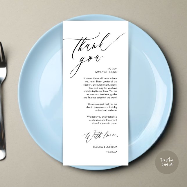 Tarjeta de agradecimiento a Romantic Boda Place (Romantic Wedding Dinner Place Setting Thank You Card, in Black and White)