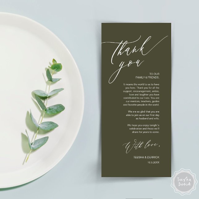Tarjeta de agradecimiento a Romantic Boda Place (Romantic Wedding Dinner Place Setting Thank You Card, in Olive Green)