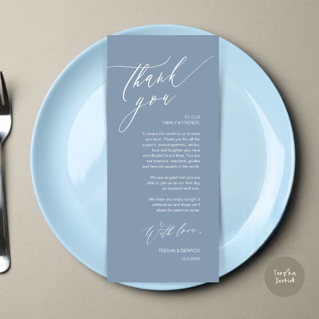 Tarjeta de agradecimiento a Romantic Boda Place (Romantic Wedding Dinner Place Setting Thank You Card, in Dusty Blue)