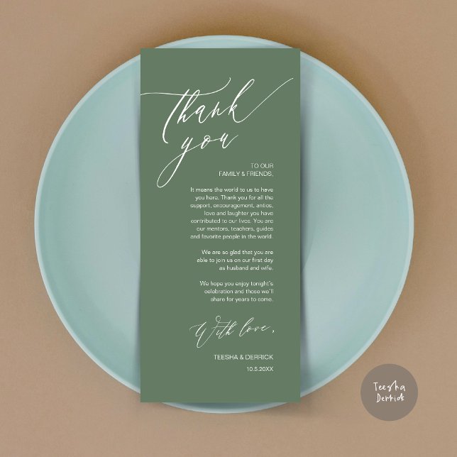 Tarjeta de agradecimiento a Romantic Boda Place (Romantic Wedding Dinner Place Setting Thank You Card, in Forest Sage Green)