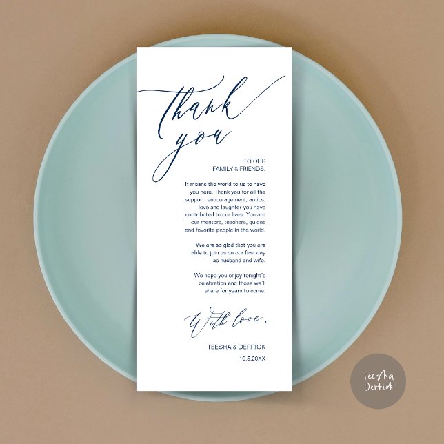 Tarjeta de agradecimiento a Romantic Boda Place (Romantic Wedding Dinner Place Setting Thank You Card, in Navy Blue)