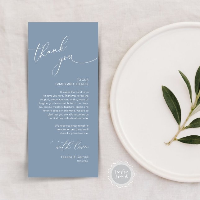 Tarjeta de agradecimiento a Romantic Boda Place (Modern Romantic Wedding Lunch, Brunch, Dinner Place Setting Thank You Card, in Dusty Blue)