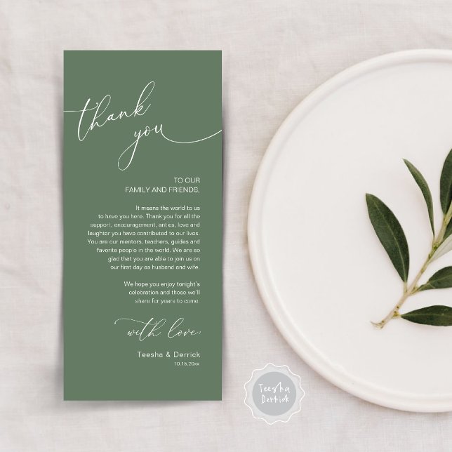 Tarjeta de agradecimiento a Romantic Boda Place (Modern Romantic Wedding Lunch, Brunch, Dinner Place Setting Thank You Card, in Forest Sage Green)