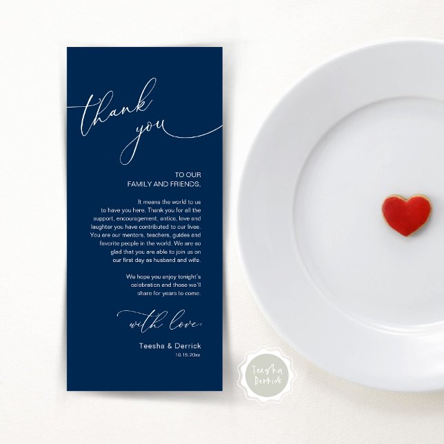 Tarjeta de agradecimiento a Romantic Boda Place (Modern Romantic Wedding Lunch, Brunch, Dinner Place Setting Thank You Card, in Navy Blue)