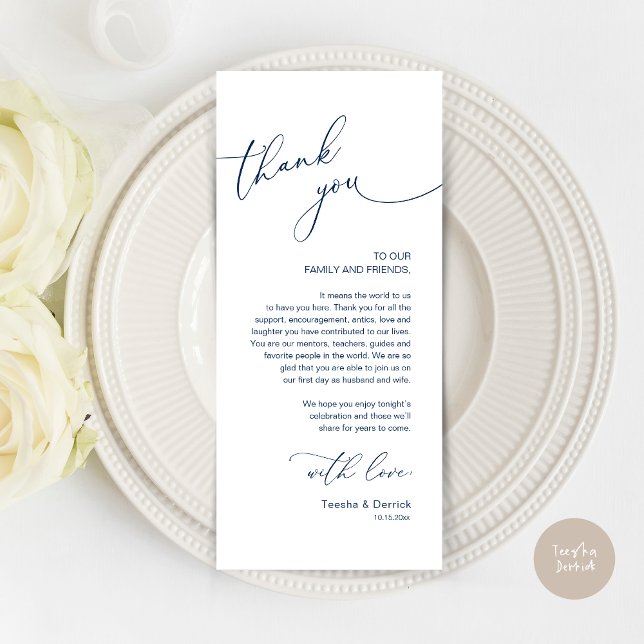 Tarjeta de agradecimiento a Romantic Boda Place (Modern Romantic Wedding Lunch, Brunch, Dinner Place Setting Thank You Card, in Navy Blue)